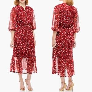 KAARI BLUE Flowy Chiffon Tiered Red Floral Midi Dress w Long Sleeves